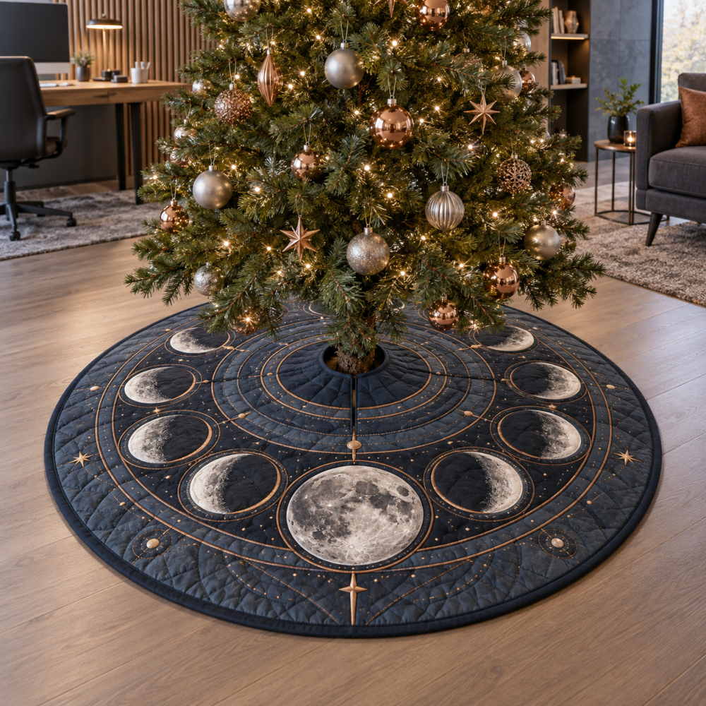 Slate Moon-Phase Holiday Tree Skirt — Observatory-Inspired Velvet Christmas Tree Skirt For Luxe Celestial Home Decor