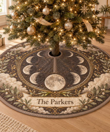 Personalized Moon Phase Tree Skirt — Custom Name & Date Lunar Cycle Keepsake, Premium Velvet, Sentimental Holiday Gift For Couples & Families