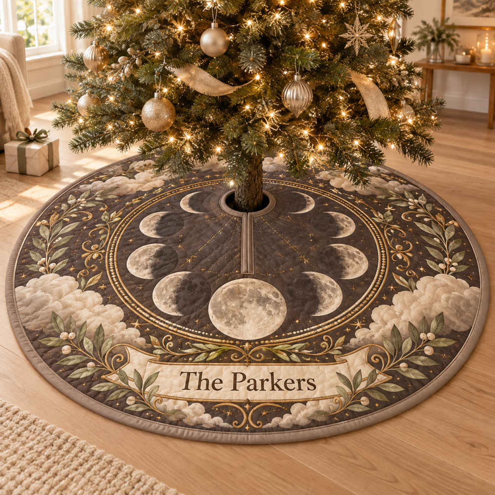 Personalized Moon Phase Tree Skirt — Custom Name & Date Lunar Cycle Keepsake, Premium Velvet, Sentimental Holiday Gift For Couples & Families