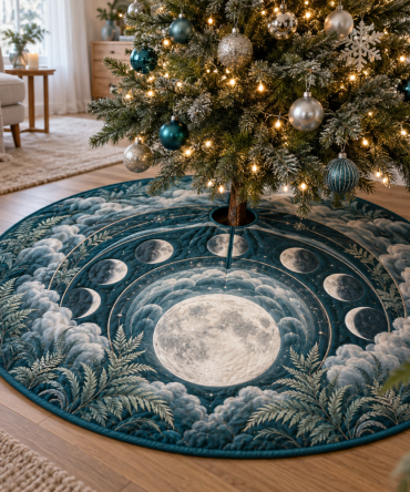 Moon Phase Mist Fern Tree Skirt — Botanical Lunar Design With Subtle Fern Motifs, Soft Fabric, Tranquil Holiday Accent For Nature-Inspired Rooms