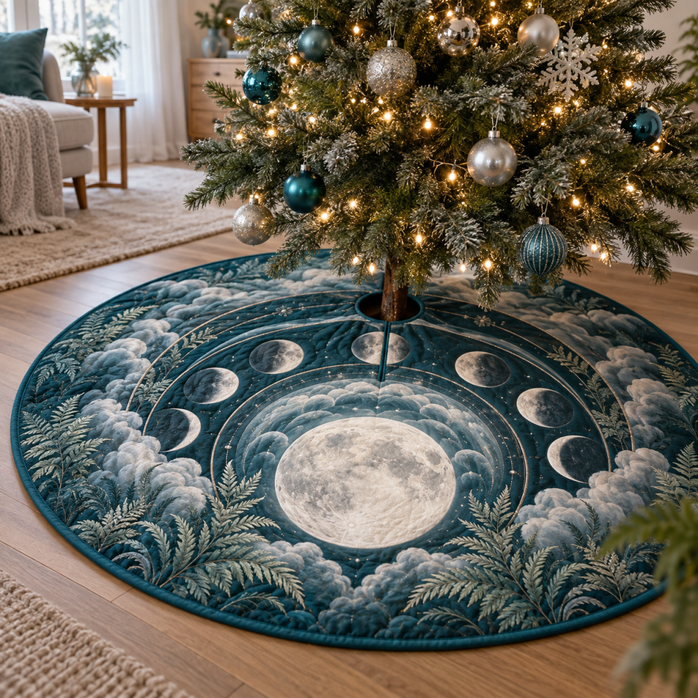 Moon Phase Mist Fern Tree Skirt — Botanical Lunar Design With Subtle Fern Motifs, Soft Fabric, Tranquil Holiday Accent For Nature-Inspired Rooms