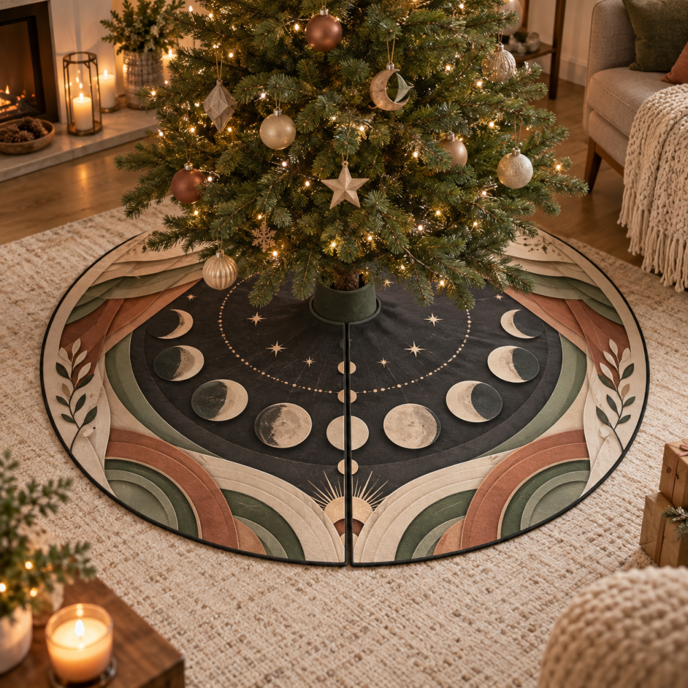 Moon Phase Apartment Gallery Tree Skirt — Space-Smart Lunar Design For Urban Living, Sleek Profile, Easy Storage & Modern Holiday Style