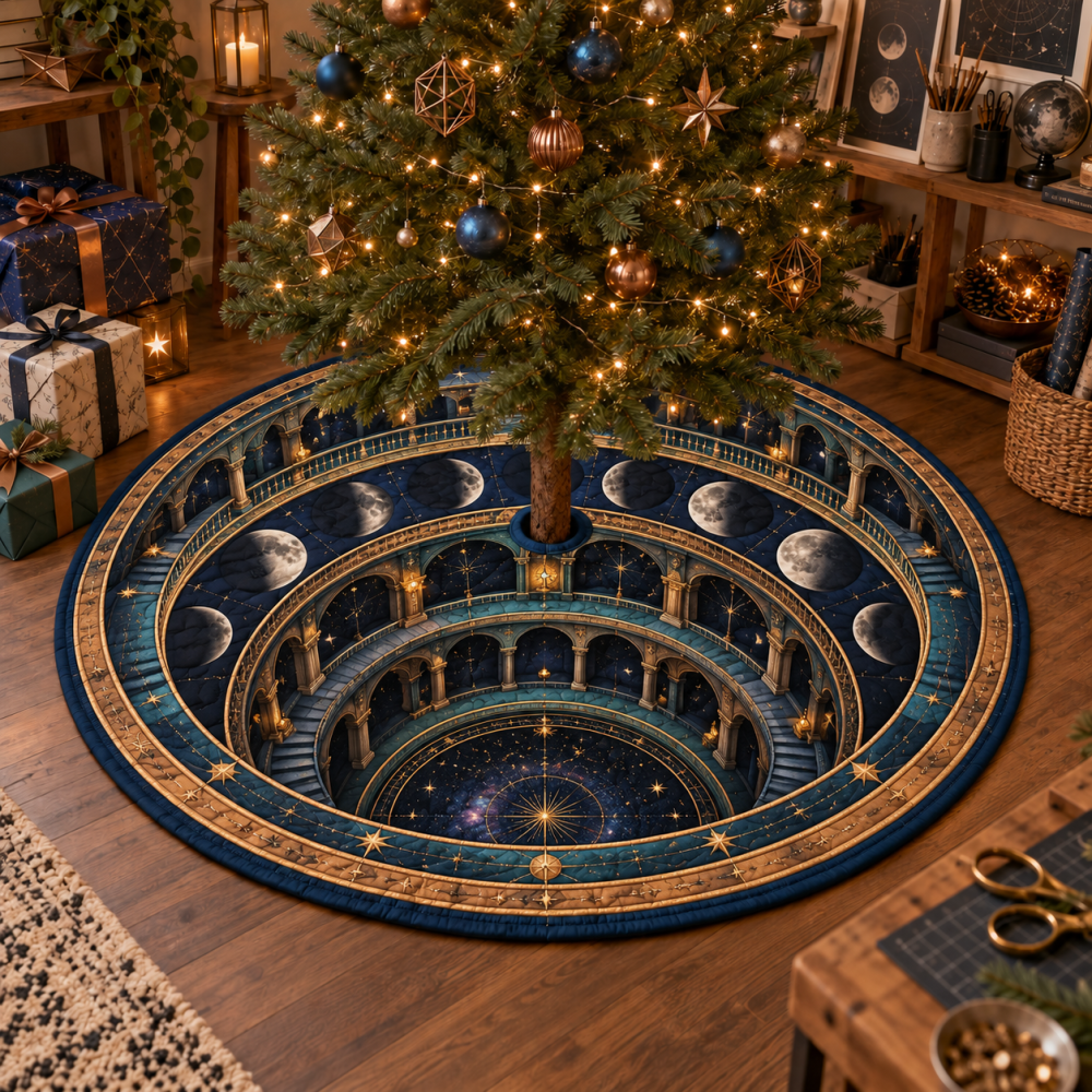 Moon Phase Hobby Studio Tree Skirt — Artistic Lunar Cycle Design, Durable Fabric For Creative Spaces, Compact Fit For Workrooms & Studios