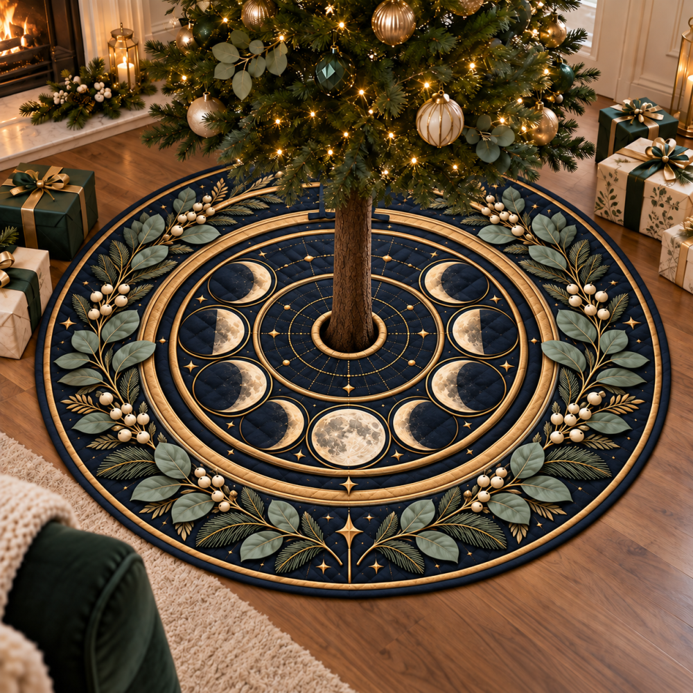 Moon Phase Host Gift Tree Skirt — Elegant Lunar Design For Entertaining, Premium Fabric, Ready-To-Gift Holiday Accent For Hosts & Guests