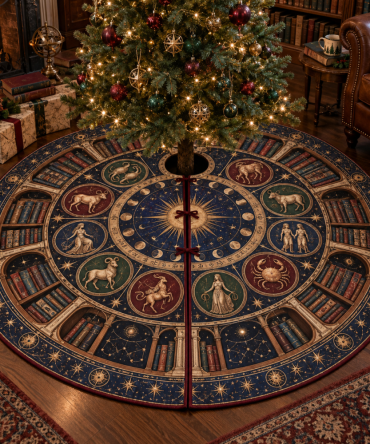 Zodiac Reading Nook Christmas Tree Skirt — Calm Astrological Motifs For Cozy Corners, Plush Skirt To Complete Relaxing Holiday Reading Spaces