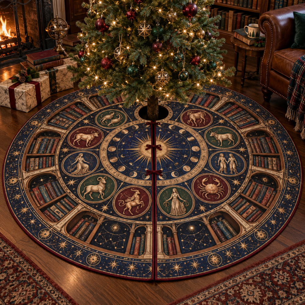 Zodiac Reading Nook Christmas Tree Skirt — Calm Astrological Motifs For Cozy Corners, Plush Skirt To Complete Relaxing Holiday Reading Spaces