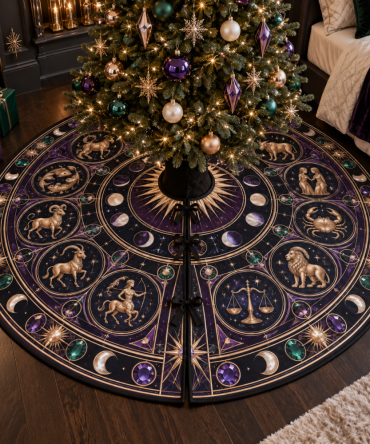 Zodiac Bedroom Statement Tree Skirt — Bold Horoscope Design For Intimate Spaces, Luxurious Velvet Holiday Base To Complement Bedroom Trees