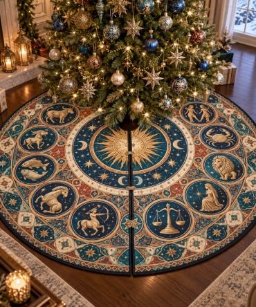 Zodiac Living Room Focal Christmas Tree Skirt — Statement Astrological Design, Large Plush Skirt For Holiday Centerpieces & Photo-Ready Displays