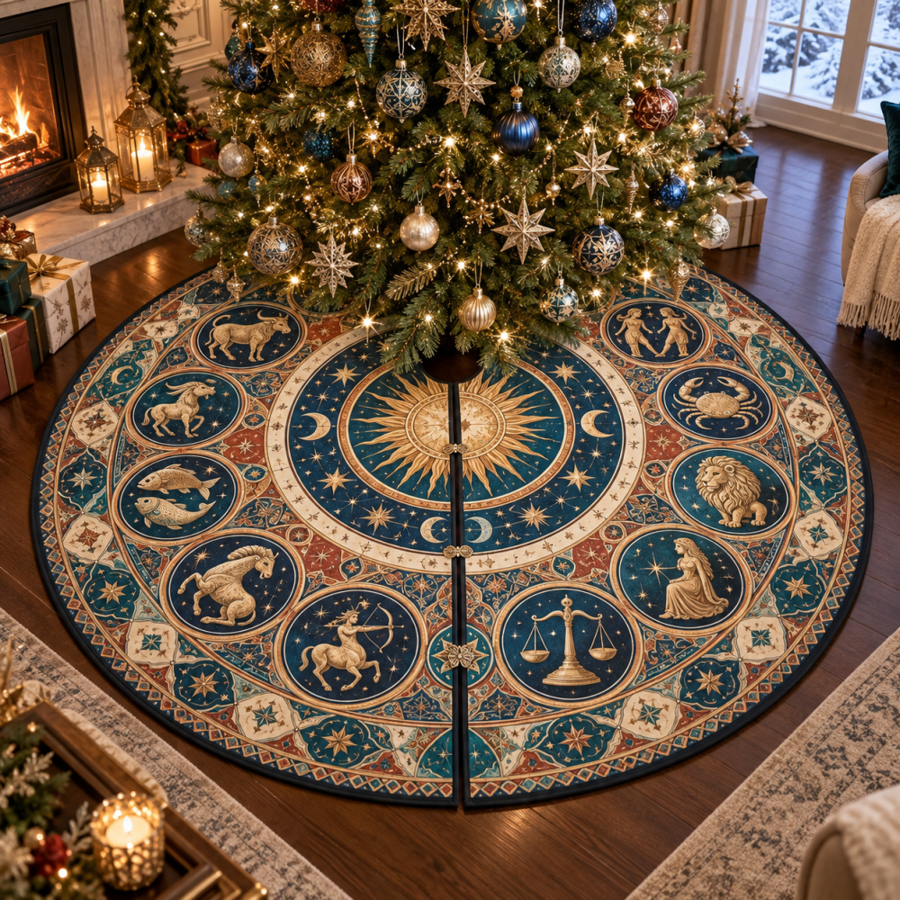 Zodiac Living Room Focal Christmas Tree Skirt — Statement Astrological Design, Large Plush Skirt For Holiday Centerpieces & Photo-Ready Displays