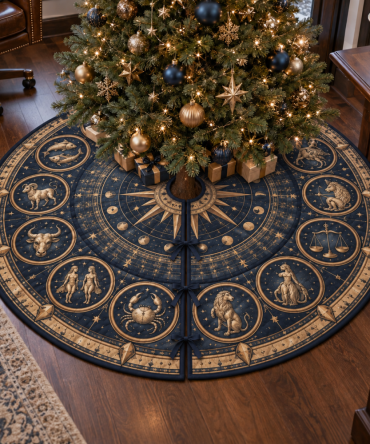 Zodiac Home Office Holiday Tree Skirt — Astrological Desk-Area Décor, Plush Round Skirt To Elevate Your Workspace Tree With Signature Star Motifs
