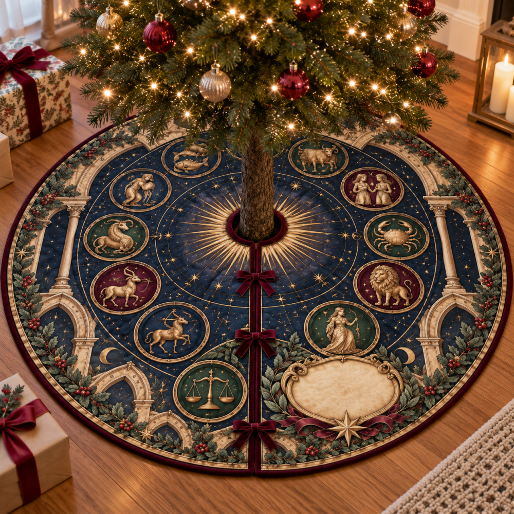 Custom Zodiac Name Christmas Tree Skirt — Personalized Astrological Holiday Skirt With Name Or Initial, Perfect Unique Gift For Astrology Lovers
