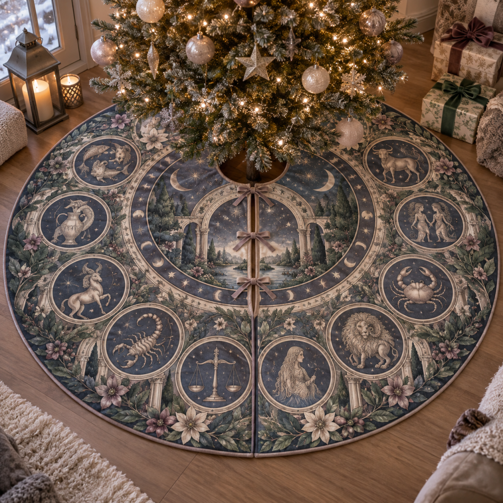 Zodiac Quiet Corner Christmas Tree Skirt — Subtle Astrological Design For Cozy Nooks, Soft Plush Base To Complete Intimate Holiday Spaces