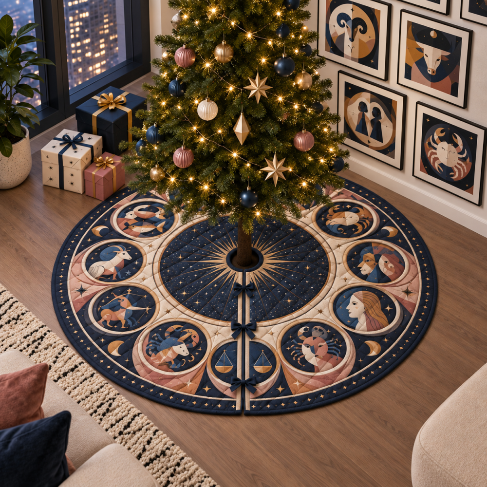 Modern Zodiac Apartment Gallery Christmas Tree Skirt — Stylish Astrological Base For Small Spaces, Gallery-Ready Holiday Accent With Sleek Design