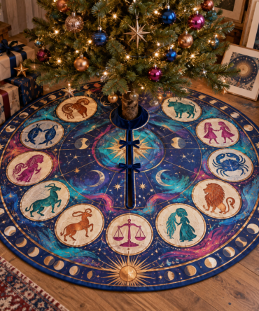 Zodiac Hobby Studio Christmas Tree Base Skirt — Compact Astrology Design For Creative Spaces, Plush Accent For Studios & Craft Rooms