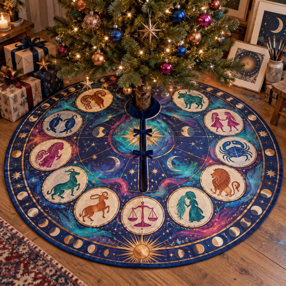Zodiac Hobby Studio Christmas Tree Base Skirt — Compact Astrology Design For Creative Spaces, Plush Accent For Studios & Craft Rooms