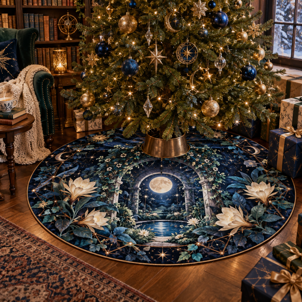 Premium Celestial Botanical Garden Holiday Tree Skirt — Round Plush Base With Stars & Florals, Ideal For Festive Home Décor, Easy Care Finish