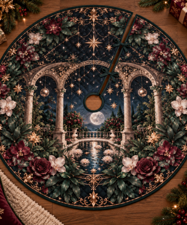 Moonlit Botanical Christmas Tree Skirt For Bedroom — Serene Moon & Floral Design, Cozy Plush Velvet Holiday Base That Enhances Intimate Spaces