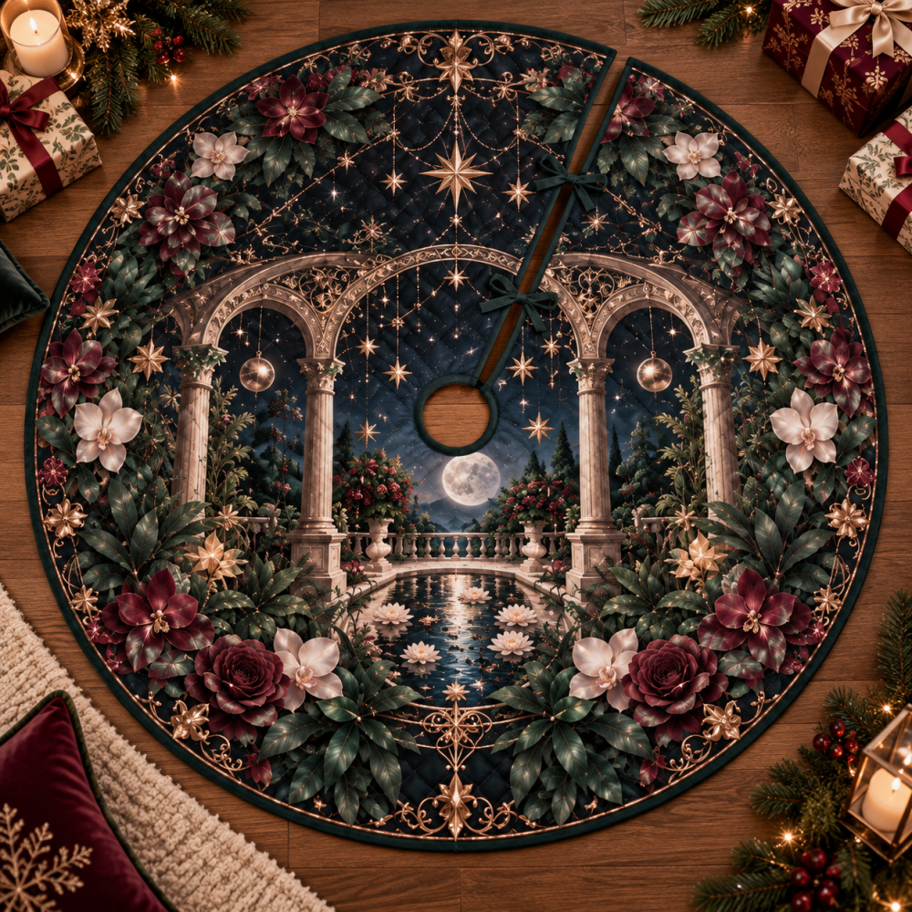 Moonlit Botanical Christmas Tree Skirt For Bedroom — Serene Moon & Floral Design, Cozy Plush Velvet Holiday Base That Enhances Intimate Spaces