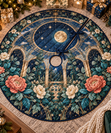 Large Celestial Garden Christmas Tree Skirt For Living Room — Elegant Star & Floral Holiday Tree Base, Plush Velvet, Multiple Sizes & Care-Friendly