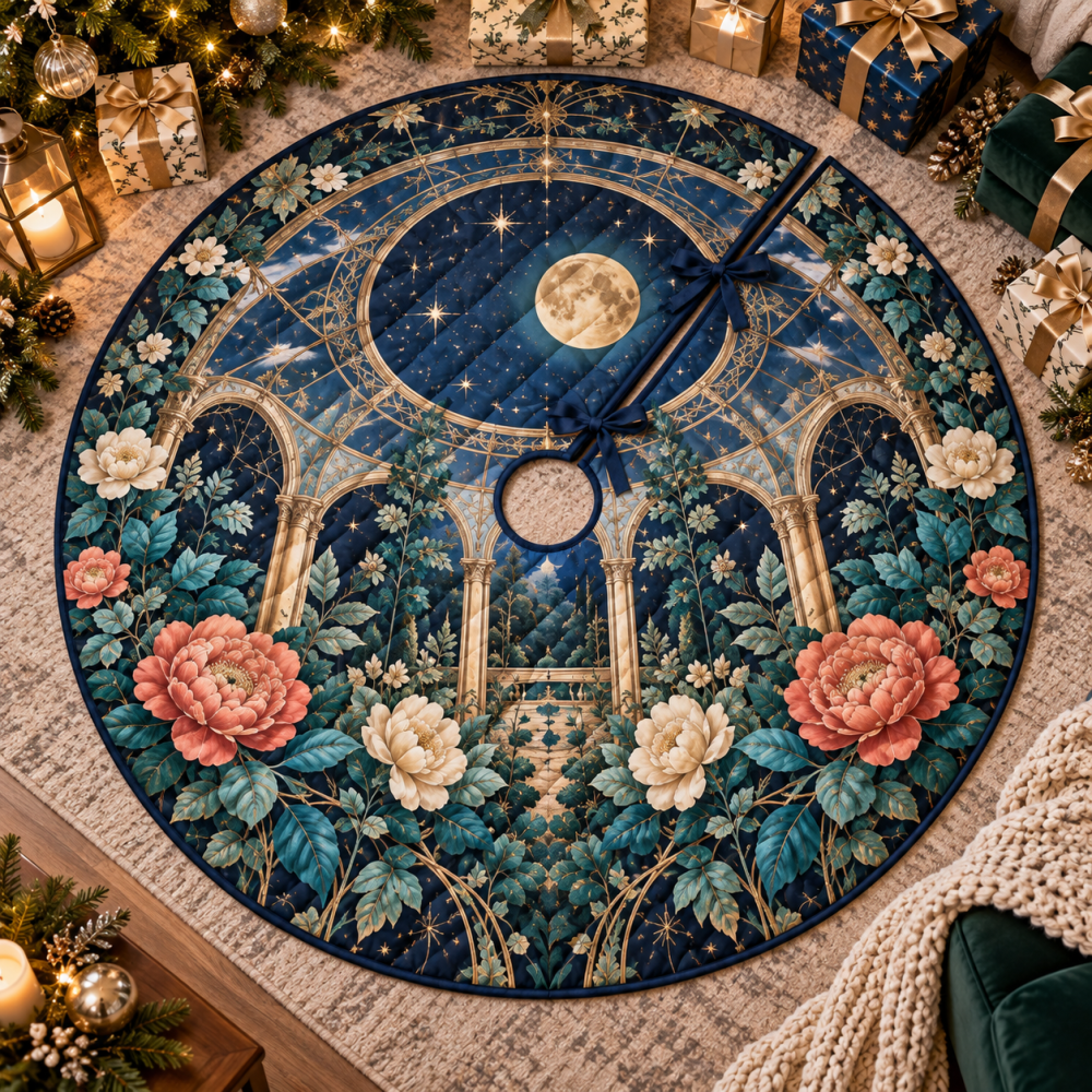 Large Celestial Garden Christmas Tree Skirt For Living Room — Elegant Star & Floral Holiday Tree Base, Plush Velvet, Multiple Sizes & Care-Friendly