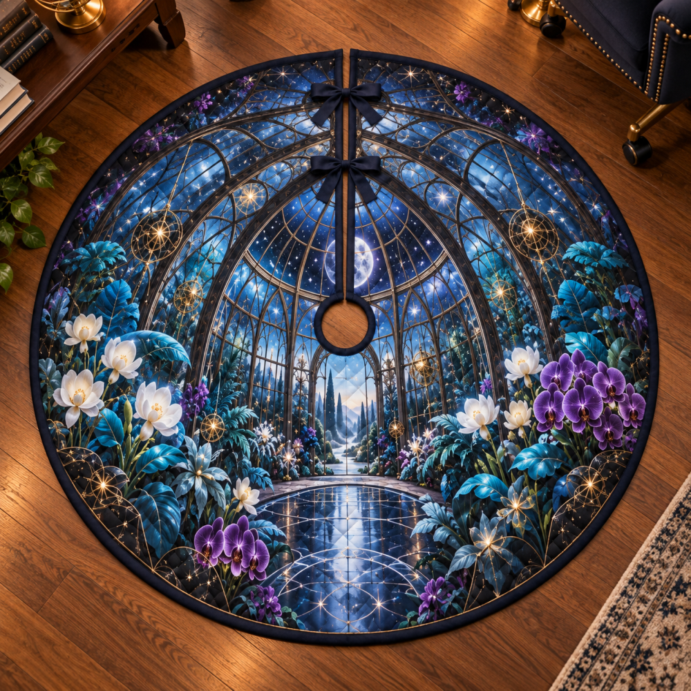 Luxury Celestial Garden Christmas Tree Skirt For Home Workspace — Plush Velvet Round Skirt, Star & Floral Holiday Décor, Machine-Washable