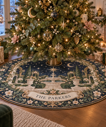 Personalized Celestial Garden Tree Skirt — Custom Name Embroidery On Velvet, Botanical Moon & Mushroom Holiday Design
