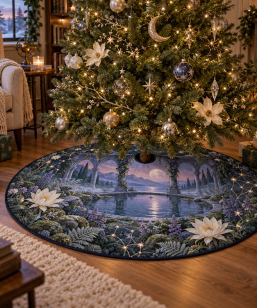 Moon Garden Quiet Corner Tree Skirt — Serene Velvet Holiday Mat For Cozy Corners, Subtle Moon & Flora Accents