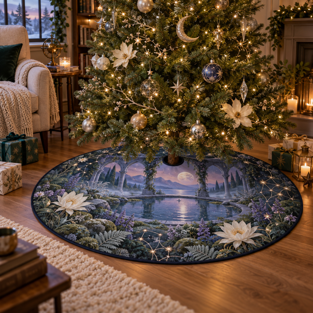 Moon Garden Quiet Corner Tree Skirt — Serene Velvet Holiday Mat For Cozy Corners, Subtle Moon & Flora Accents