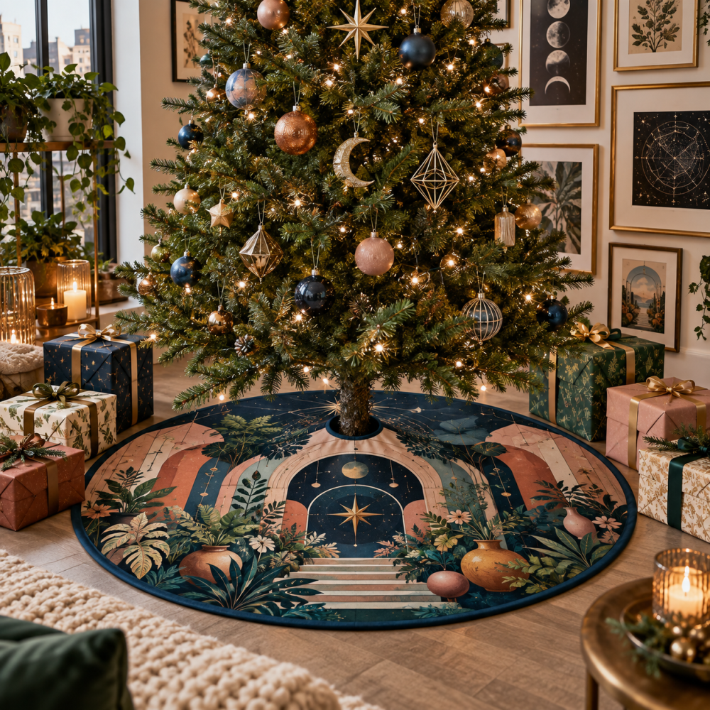 Gallery-Style Celestial Gallery Apartment Tree Skirt — Modern Velvet Display Mat, Curated Holiday Accent For Small Spaces