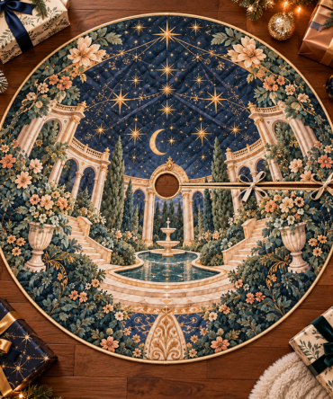 Celestial Garden Host Gift Tree Skirt — Elegant Velvet Holiday Mat, Ready-To-Gift, Decorative Floral & Mushroom Motifs