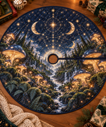 Reading Nook Celestial Mushroom Tree Skirt — Compact Velvet Holiday Mat To Enhance Cozy Corners And Bookish Vibes