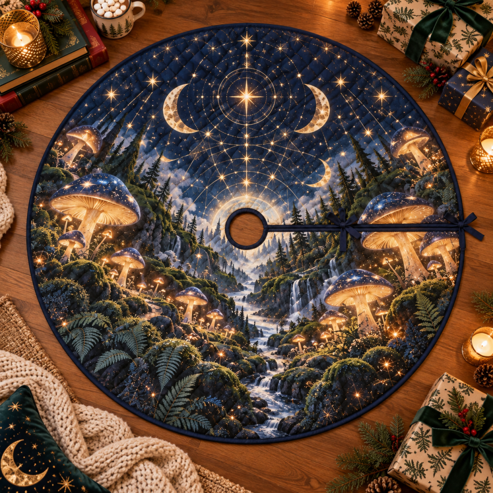 Reading Nook Celestial Mushroom Tree Skirt — Compact Velvet Holiday Mat To Enhance Cozy Corners And Bookish Vibes
