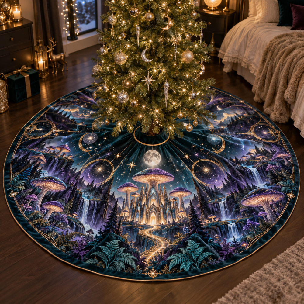 Serene Bedroom Celestial Mushroom Tree Skirt — Soft Velvet Mat For Intimate Holiday Settings, Sleep-Friendly Palette