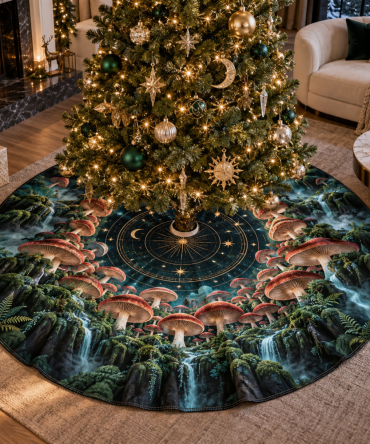 Statement Living Room Celestial Mushroom Tree Skirt — Oversized Velvet Holiday Rug, Dramatic Boho Display
