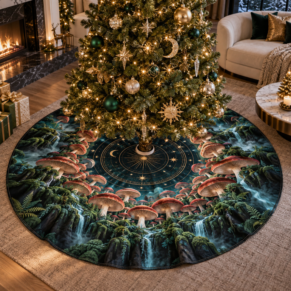 Statement Living Room Celestial Mushroom Tree Skirt — Oversized Velvet Holiday Rug, Dramatic Boho Display