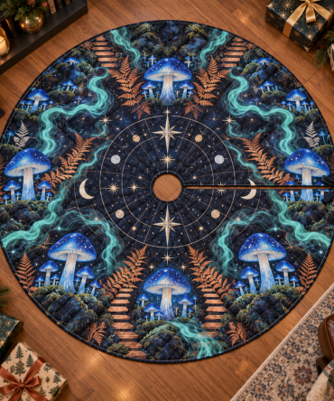 Office-Friendly Celestial Mushroom Tree Skirt — Low-Profile Velvet Mat For Workplace Holiday Displays, Easy-Clean