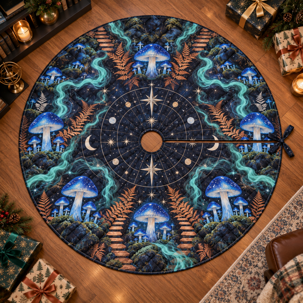 Office-Friendly Celestial Mushroom Tree Skirt — Low-Profile Velvet Mat For Workplace Holiday Displays, Easy-Clean
