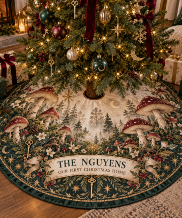 Customizable Celestial Mushroom Christmas Tree Skirt — Personalized Name Embroidery, Velvet Finish, Multiple Sizes