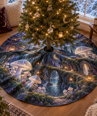 Cozy Celestial Mushroom Nook Tree Skirt — Plush Velvet Round Mat For Reading Corners & Small Holiday Spaces