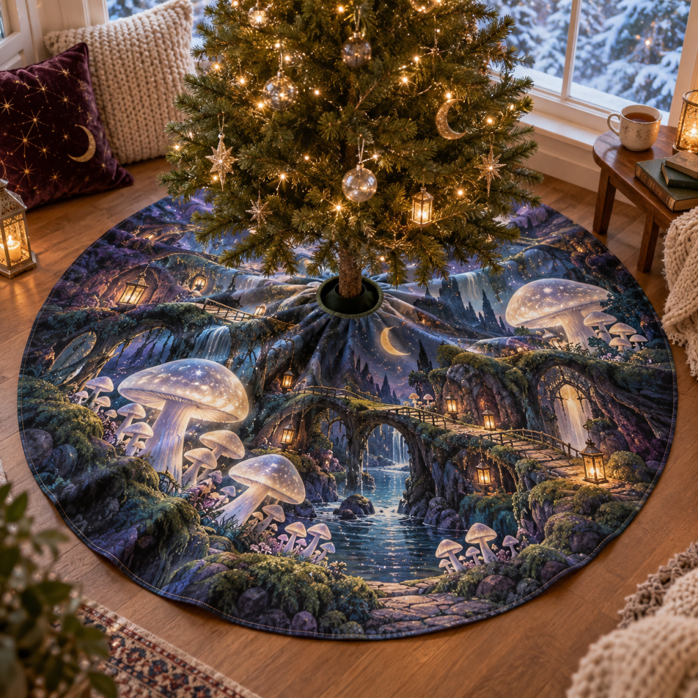Cozy Celestial Mushroom Nook Tree Skirt — Plush Velvet Round Mat For Reading Corners & Small Holiday Spaces