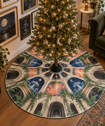Compact Celestial Mushroom Tree Skirt For Apartments — Slim Velvet Holiday Mat, Space-Saving, Easy Care