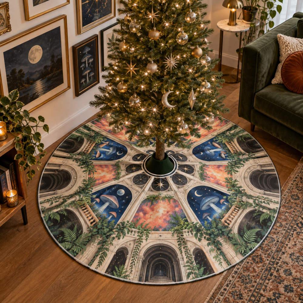 Compact Celestial Mushroom Tree Skirt For Apartments — Slim Velvet Holiday Mat, Space-Saving, Easy Care