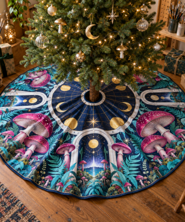 Luxury Boho Celestial Mushroom Tree Skirt For Christmas — Velvet Woodland Holiday Mat, Washable, 3 Sizes