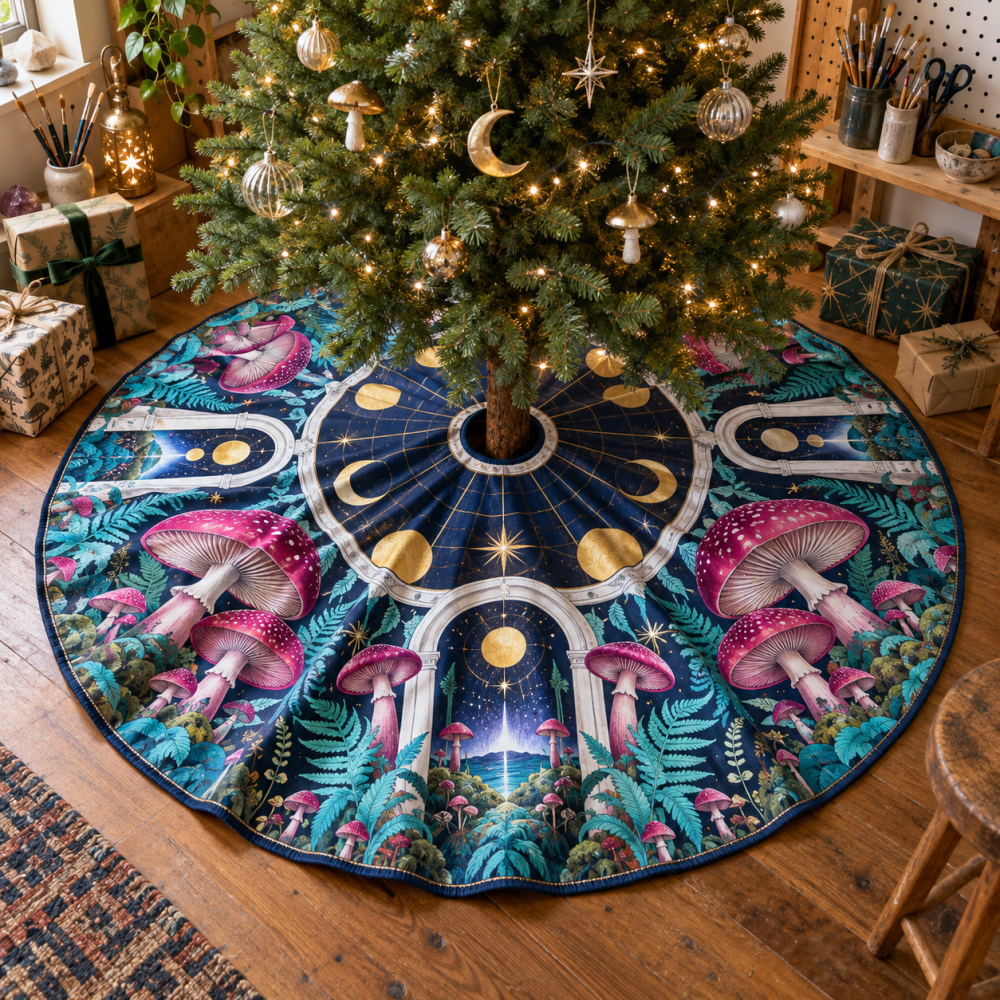 Luxury Boho Celestial Mushroom Tree Skirt For Christmas — Velvet Woodland Holiday Mat, Washable, 3 Sizes