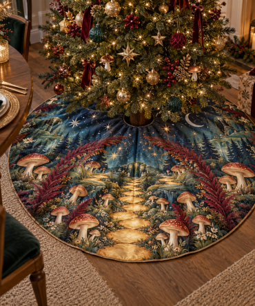Celestial Mushroom Host Gift Tree Skirt — Charming Woodland Holiday Base With Whimsical Mushroom & Star Details, Gift-Ready