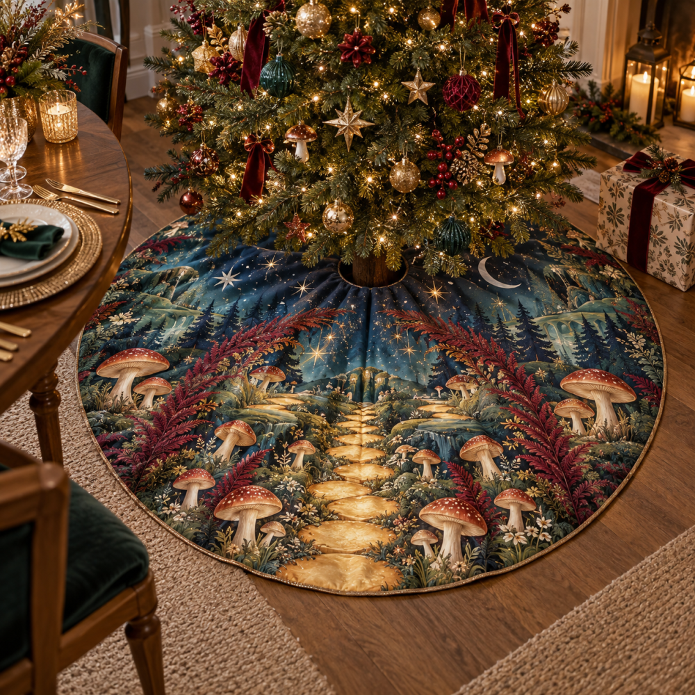Celestial Mushroom Host Gift Tree Skirt — Charming Woodland Holiday Base With Whimsical Mushroom & Star Details, Gift-Ready