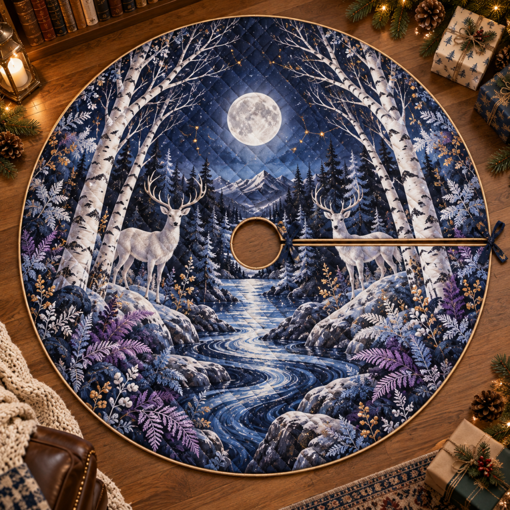Classic Moonlit White Stag Christmas Tree Skirt — Timeless Holiday Foundation With Elegant Stag Silhouette & Neutral Palette