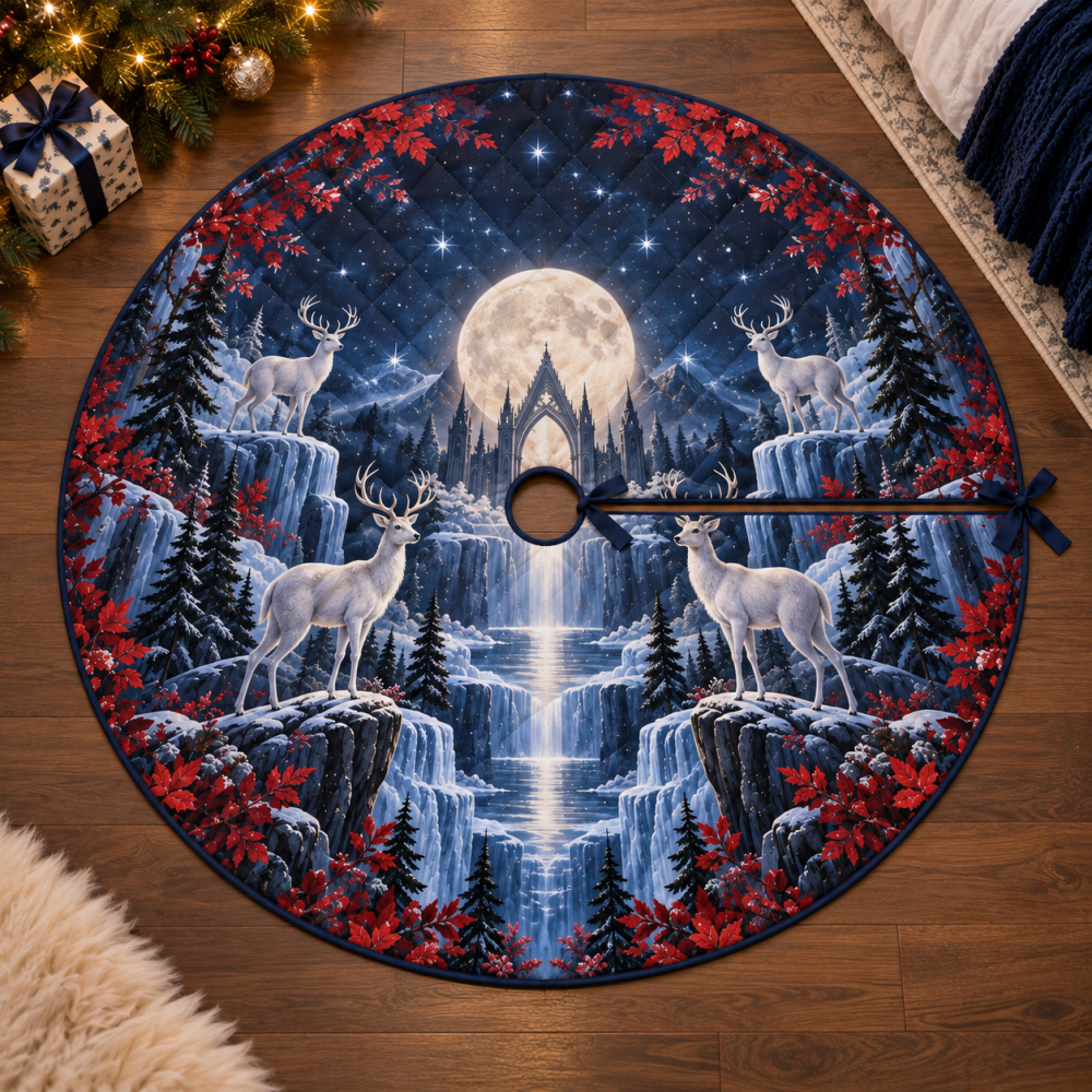 Moonlit White Stag Bedroom Tree Skirt — Soft, Serene Holiday Base With Classic Stag Motif For Intimate Seasonal Styling