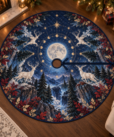 Grand Moonlit White Stag Living Room Tree Skirt — Luxurious Holiday Base With Regal Stag Design For Family Gatherings & Entertaining