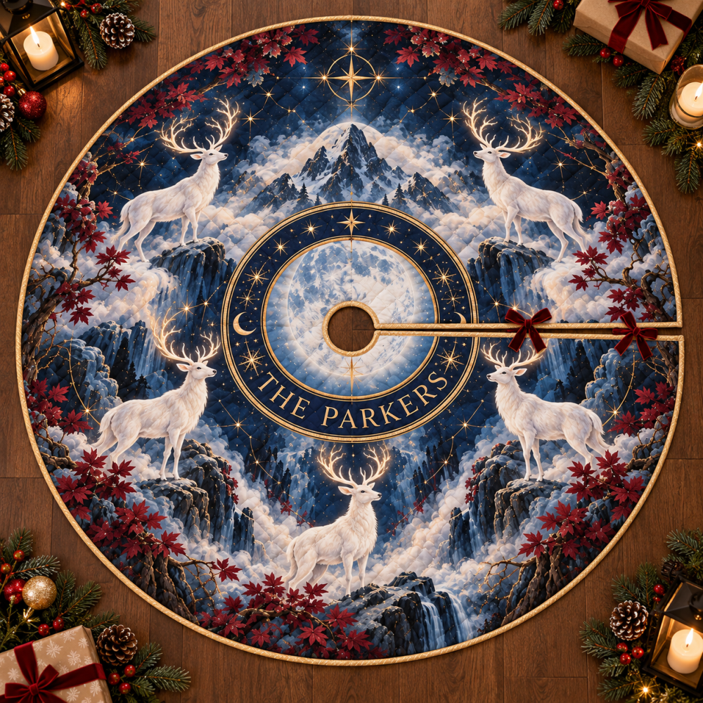 Personalized Moonlit White Stag Tree Skirt — Customizable Holiday Base With Elegant Stag Motif, Add Name Or Year For Memorable Gifts